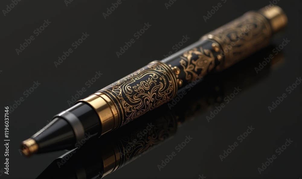 Fototapeta premium Elegant decorative pen featuring intricate gold detailing on a sleek black background, perfect for luxury branding, stationery, and corporate gifts.