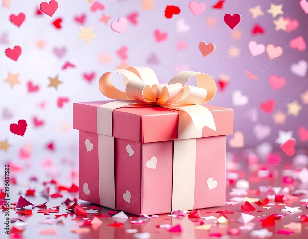 Cheerful 3D Gift Box with Playful Bow and Falling Heart-Shaped Confetti Cheerful 3D Gift Box with Playful Bow and Falling Heart-Shaped Confetti