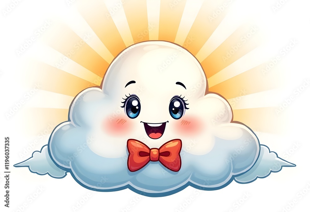 Obraz premium Cheerful Cartoon Cloud Mascot with Bowtie and Radiant Smile on White Background
