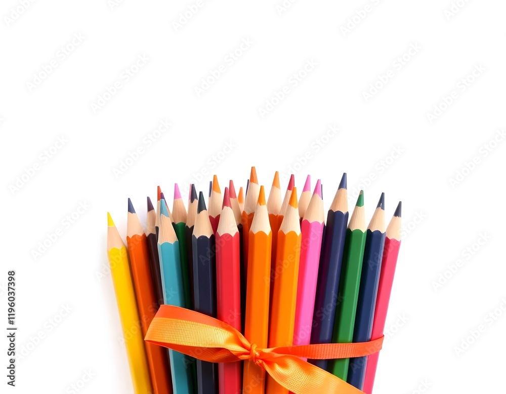 Cluster of Colorful Pencils Tied with a Bright Ribbon, Standing Upright with Sharpened Tips on White Cluster of Colorful Pencils Tied with a Bright Ribbon, Standing Upright with Sharpened Tips on White