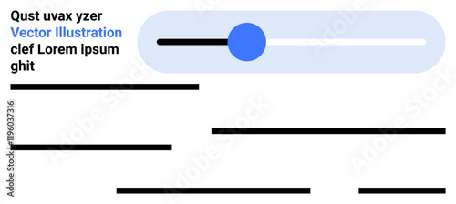 Toggle switch with blue circle slider, black lines as placeholders for text, and sample text blocks. Ideal for website interfaces, app prototypes, UIUX presentations, tech demos, wireframes, landing