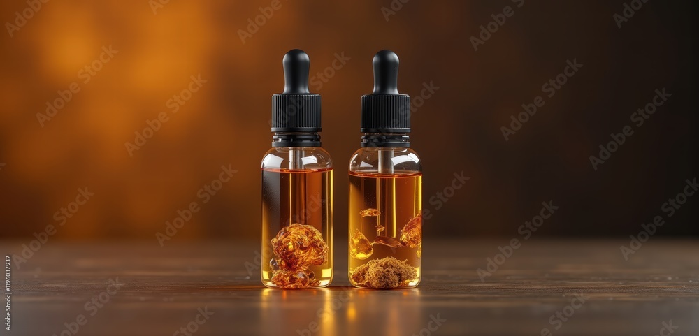 Two glass dropper bottles filled with natural herbal oil, ideal for wellness, aromatherapy, and beauty product marketing. Two glass dropper bottles filled with natural herbal oil, ideal for wellness, aromatherapy, and beauty product marketing.