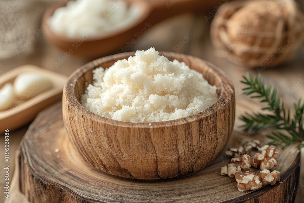 Creamy shea butter in a wooden bowl, showcasing its texture. Perfect for beauty, skincare, or natural product visuals. Creamy shea butter in a wooden bowl, showcasing its texture. Perfect for beauty, skincare, or natural product visuals.