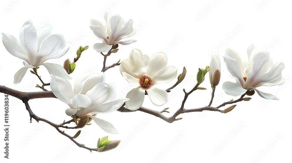 Fototapeta premium A branch with white magnolia flowers, isolated on a white background