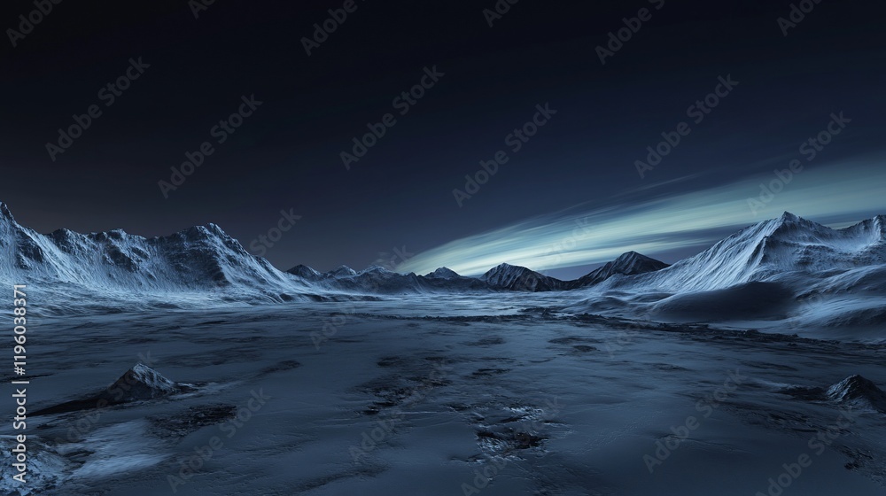 Snowy mountains at night under a dark sky. Snowy mountains at night under a dark sky.