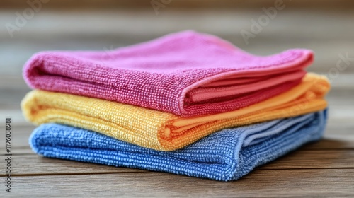 Synthetic microfiber cloths in vibrant colors folded neatly on a wooden surface.