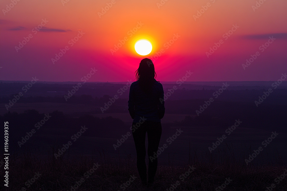 Silhouette of a woman standing on a hill, watching the sun setting over a vast landscape. Silhouette of a woman standing on a hill, watching the sun setting over a vast landscape.
