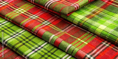 High-resolution apple green and red plaid fabric textures and patterns, ideal for design.