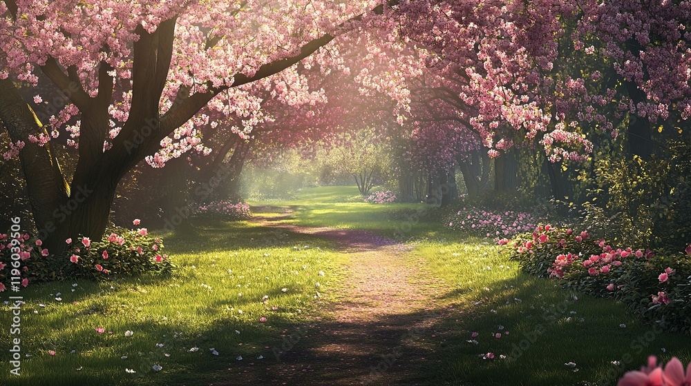 Serene Blossom Path in a Spring Park Under Soft Sunlight Serene Blossom Path in a Spring Park Under Soft Sunlight