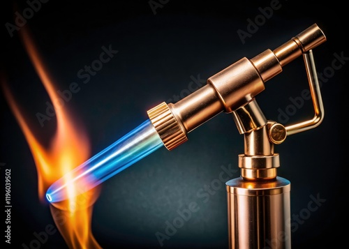 Industrial strength:  Bronze gas cutter torch, copper tip, striking black background. Powerful image. photo