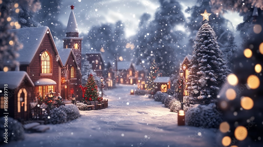 Obraz premium Snowy Christmas village street scene at night with church and decorated homes.