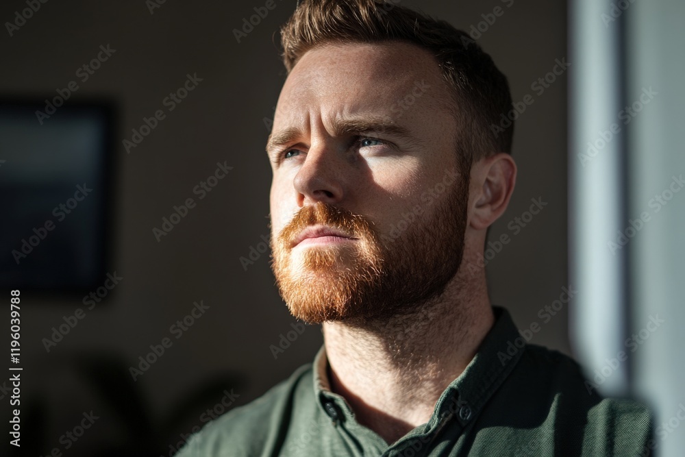 Thoughtful Young Man with a Beard Contemplating Life in Natural Light Thoughtful Young Man with a Beard Contemplating Life in Natural Light