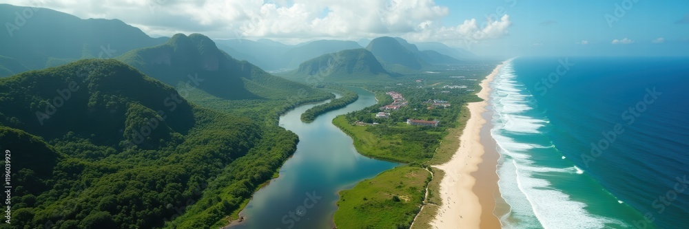 Fototapeta premium A stunning aerial view of a river meandering through lush green hills, leading to a beautiful coastline, perfect for nature, travel, and environmental projects.