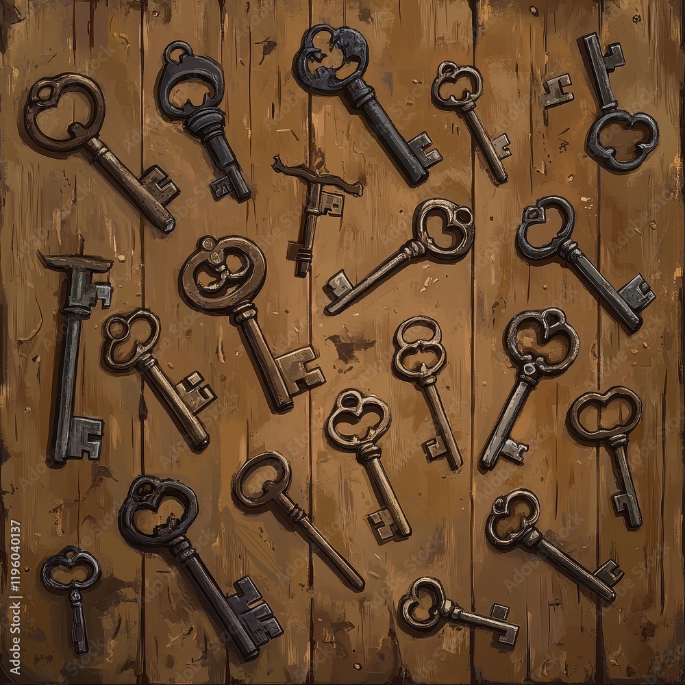 Antique Keys Arranged on Wooden Background Antique Keys Arranged on Wooden Background