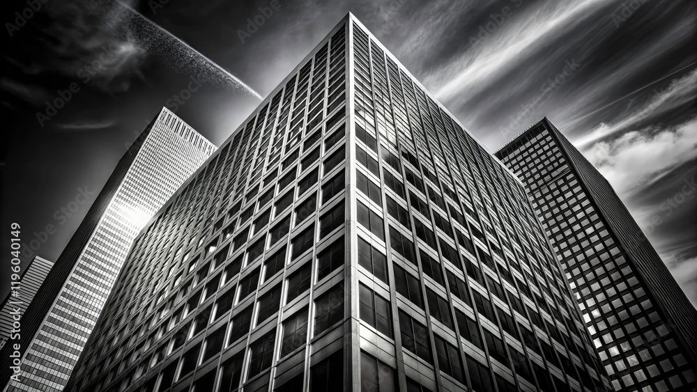 Fototapeta premium Minimalist black and white: Chicago's architectural prowess, skyscrapers and urban forms in sharp focus.