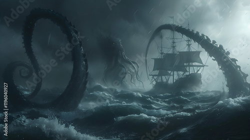 Awe-inspiring Mythical Kraken Encounter at Sea During a Thunderstorm