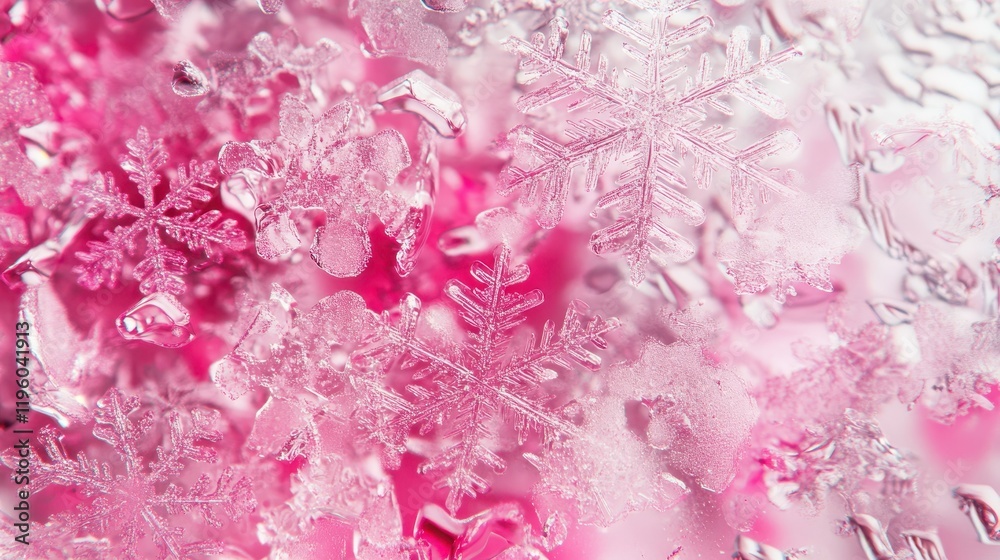 Fototapeta premium Pink-hued snowflakes on a frosted surface. Ideal for winter, holiday, or beauty themes.