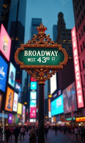 A vibrant view of the Broadway street sign at Times Square, showcasing the lively atmosphere and bright advertisements typical of New York City.