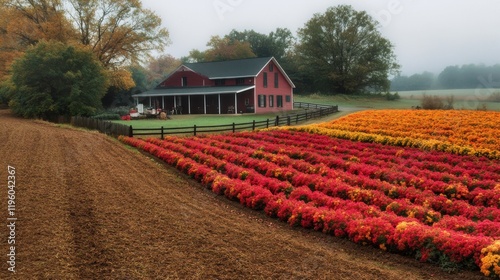 Red barn and colorful flower fields decorating an amish farm in autumn photo