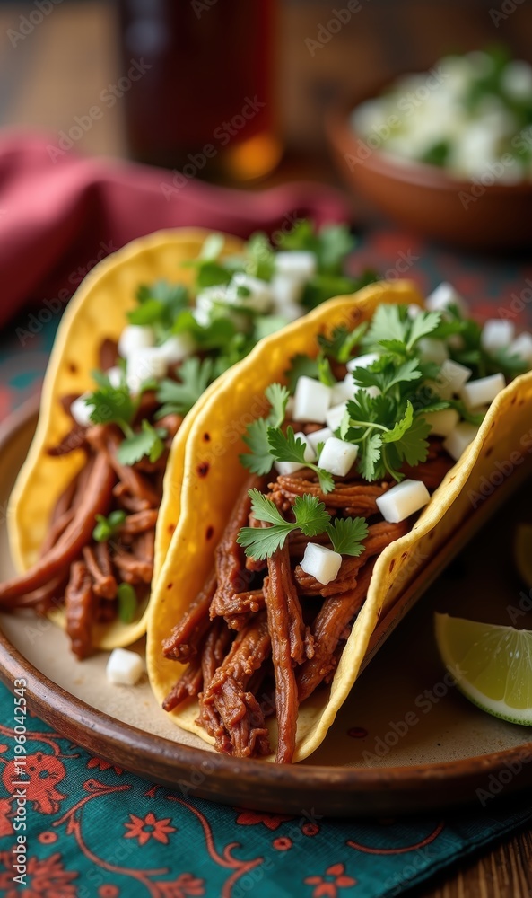 Delicious shredded beef tacos garnished with fresh cilantro and onions, perfect for food photography, menus, or culinary promotions. Delicious shredded beef tacos garnished with fresh cilantro and onions, perfect for food photography, menus, or culinary promotions.