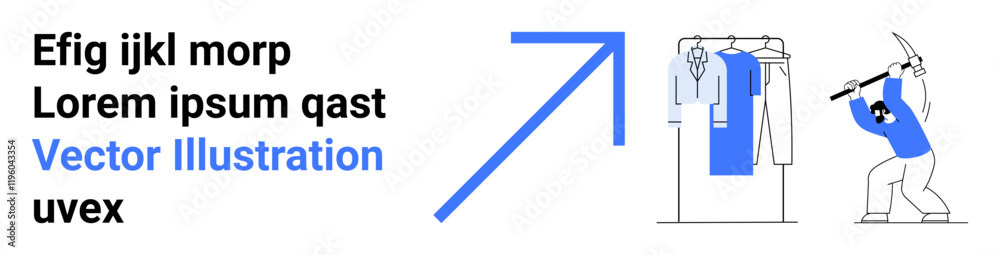 Worker hitting wardrobe with hammer, multiple clothing items, blue upward arrow alongside placeholder text. Ideal for business growth, problem-solving, strategy, conflict resolution, motivation Worker hitting wardrobe with hammer, multiple clothing items, blue upward arrow alongside placeholder text. Ideal for business growth, problem-solving, strategy, conflict resolution, motivation