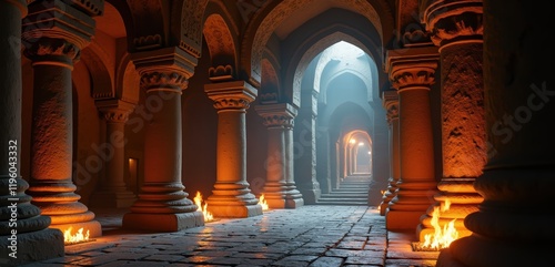 A mystical underground corridor illuminated by flickering flames, featuring grand arches and ancient stonework, perfect for fantasy themes, gaming environments, or storytelling. photo