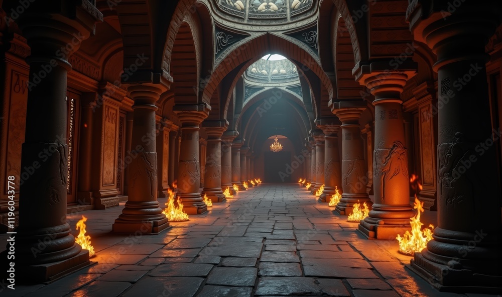 Obraz premium A mystical, dimly lit corridor with ornate arches and flickering flames, perfect for fantasy themes, gaming design, or cinematic visuals.