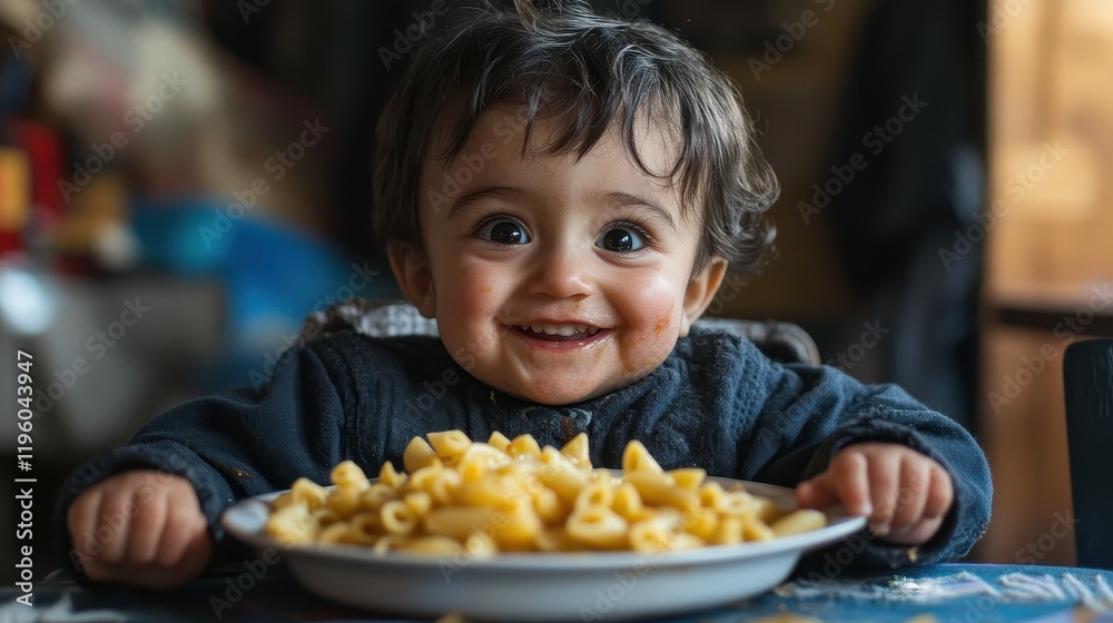 Happy toddler eating pasta, messy face. Perfect for food blogs, family, and child-related content. Happy toddler eating pasta, messy face. Perfect for food blogs, family, and child-related content.