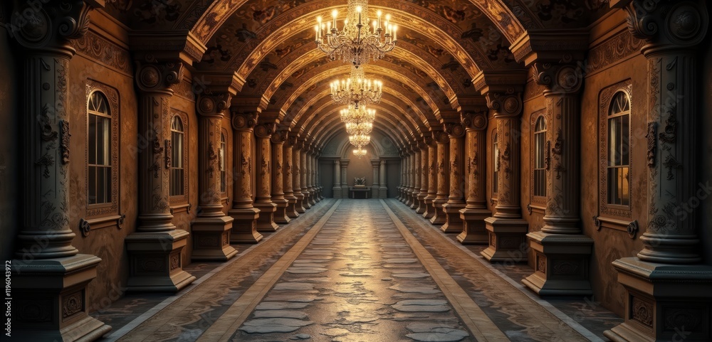 Obraz premium A grand, illuminated corridor featuring ornate arches, chandeliers, and classic architecture, perfect for themes of elegance, luxury, or historical significance.