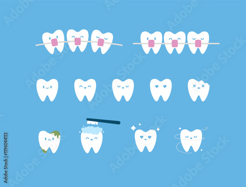 cute set collection of tooth cartoon mascot simple flat icon style illustration in white color