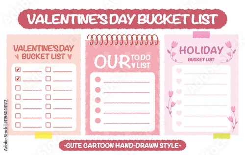 Hand drawn style valentine's day bucket lists set. Checklists with heart and flower pattern. Cartoon doodle style day do list for lover. Cute colorful new year bucket list memo. Chart Paper note Idea