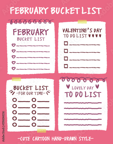 Hand drawn style valentine's day bucket lists set. Checklists with heart and flower pattern. Cartoon doodle style day do list for lover. Cute colorful romantic bucket list memo. Chart Paper note Idea