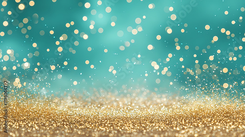 Magical golden glitter and sparkling bokeh effects on a misty green background for festive wallpaper background. Goldenmist. Illustration photo