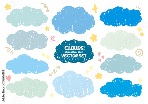 Set of blue color wax crayon drawing fluffy cloud vector. Hand drawn doodle weather sky pattern. Childish pencil drawn clouds element. Sketch cloudy star in kids style.  Colorful weather cartoon. kid