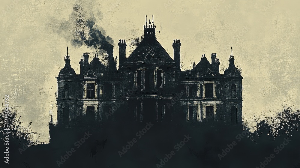 Obraz premium A Smoldering Mansion Obscured by Shadowy Gloom