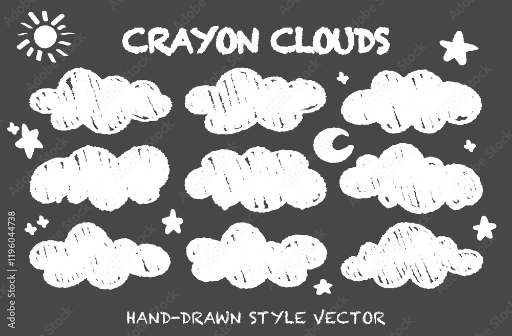 Variety of chalk drawing fluffy cloud sky set vector. Hand drawn childish style wax crayon drawn white clouds. Doodle cloudy weather element. Cute childish  