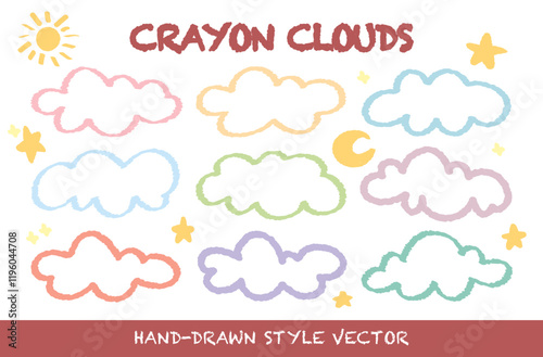 Variety of chalk drawing outline fluffy cloud sky set vector. Hand drawn childish style wax crayon drawn white clouds. Doodle cloudy weather. Cute childish 