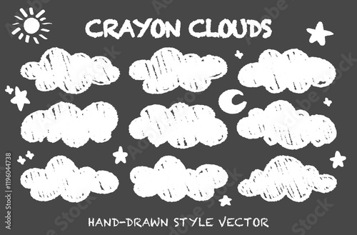 Variety of chalk drawing fluffy cloud sky set vector. Hand drawn childish style wax crayon drawn white clouds. Doodle cloudy weather element. Cute childish  