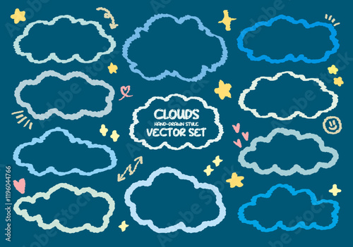 Collection of blue out line cute dialog box. Hand drawn with crayon drawing memo sticker. Doodle style chat frame for text. Cartoon conversation balloon. Set of speech bubbles in flat short message.
