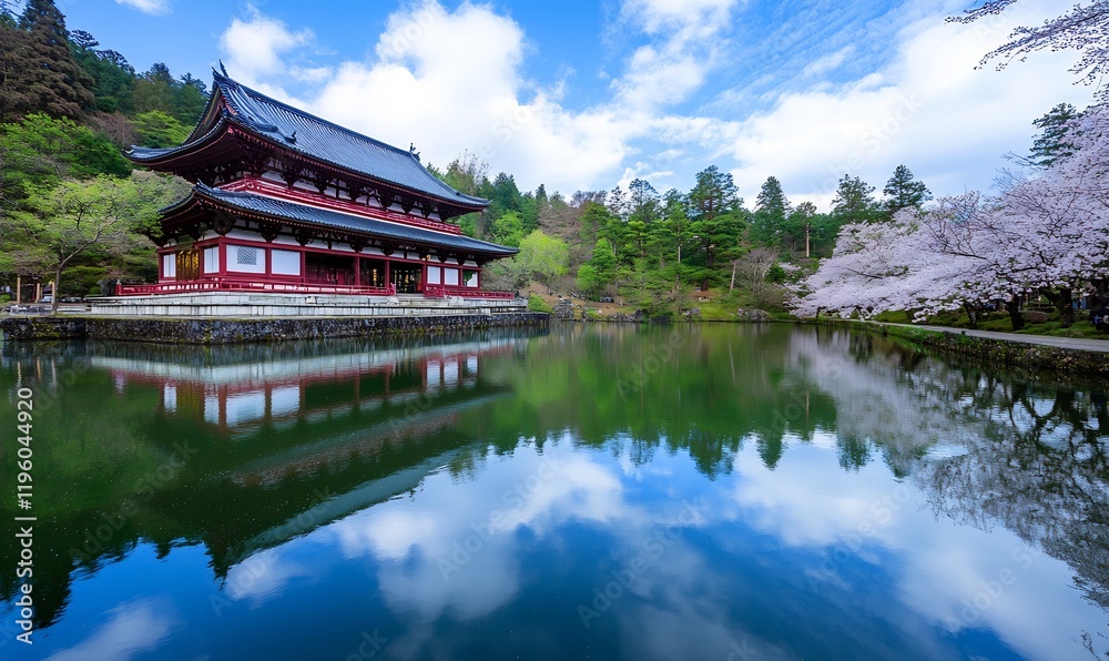 Spring temple pond reflection, cherry blossoms Spring temple pond reflection, cherry blossoms