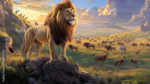 Majestic lion surveying savanna sunrise, herd background, wildlife documentary photo