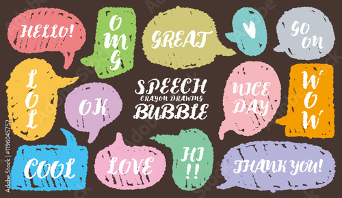 Comic style cute quote colorful speech bubble with short phrase. Set of hand drawn memo frame. Cartoon doodle crayon drawing cloud, box, message. Flat vector Great Nice day Thank you Cool Hello Go OMG
