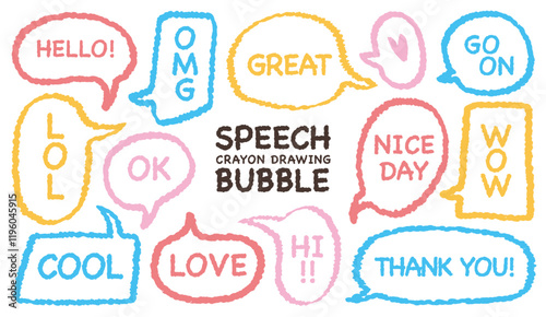 Crayon drawing colorful outline speech bubble vector set. Hand drawn childish style line chat cloud with message. 
Comic flat doodle memo sticker box.