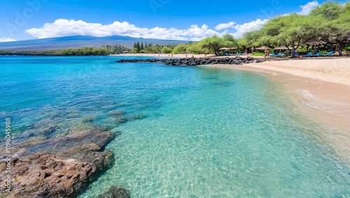 Maui beach, calm ocean, volcanic backdrop, sunny day, vacation scene