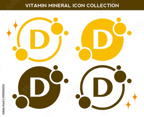 Vitamin, mineral icon. Set of flat yellow vitamin D vector. Golden vitamin mineral D capsule. Nutrition, food supplement design. Multivitamin complex Vitamins capsules. Dietary supplement pharmacy