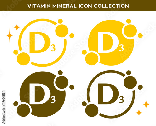 Vitamin, mineral icon. Set of flat yellow vitamin D3 vector. Golden vitamin mineral D3 capsule. Nutrition, food supplement design. Multivitamin complex Vitamins capsules. Dietary supplement pharmacy