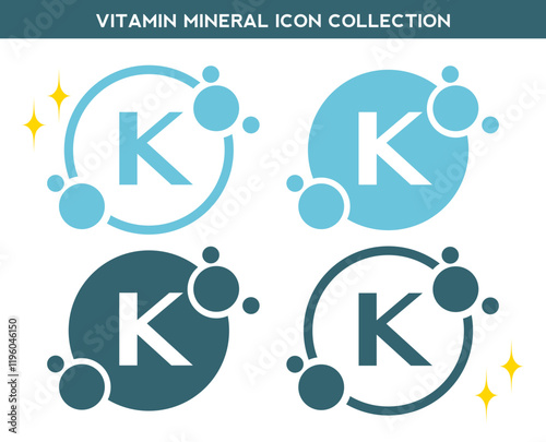 Vitamin, mineral icon. Set of flat yellow vitamin K vector. Golden vitamin mineral K capsule. Nutrition, food supplement design. Multivitamin complex Vitamins capsules. Dietary supplement pharmacy