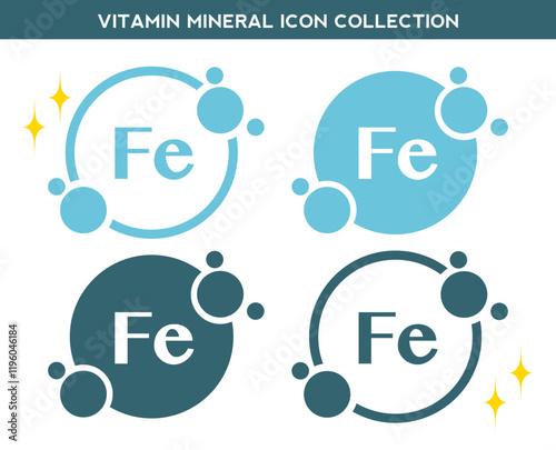 Vitamin, mineral icon. Set of flat yellow vitamin Fe vector. Golden vitamin mineral Fe capsule. Nutrition, food supplement design. Multivitamin complex Vitamins capsules. Dietary supplement pharmacy