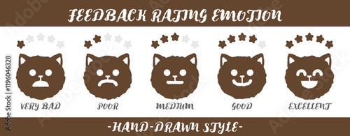 Hand drawn style feedback emoticons rating gray scale childish cat emoji icon set with five-star rating Level of user experience satisfaction rating. Customer service. Rate levels on scale kitten face