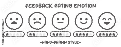 Hand drawn style feedback emoticons outline rating emoji icon set with five-star rating. Level of user experience satisfaction rating. Customer service and satisfaction. Rate levels on scale faces.